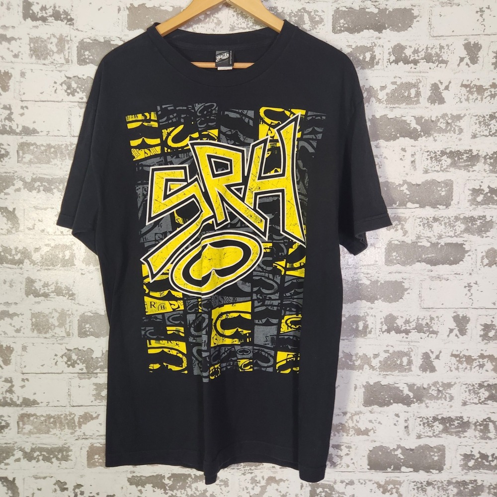Vintage SRH Skull Logo Graphic T Shirt Men Large Black Yellow‎ Skater Streetwear